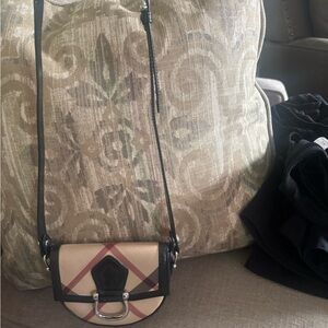 Burberry Beige Check Mini Crossbody with Black Trim and Maroon Accent